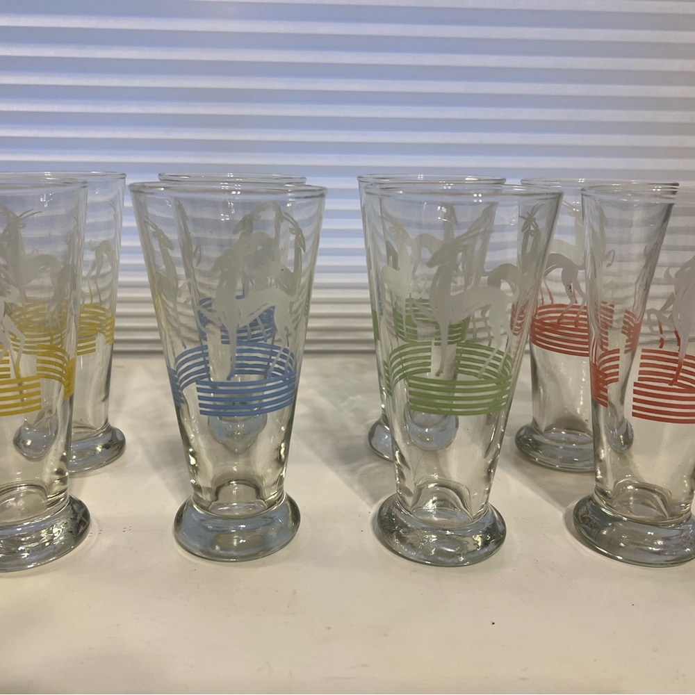 Vintage MCM Deer Antelope Striped Glass Set 8 piece